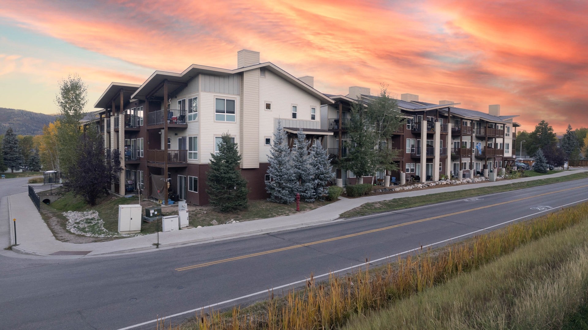 A row of modern houses are lined up along a street.
